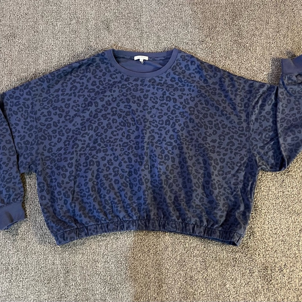 Z Supply Navy Blue Crop Sweatshirt with Leopard Print (Size XL!)